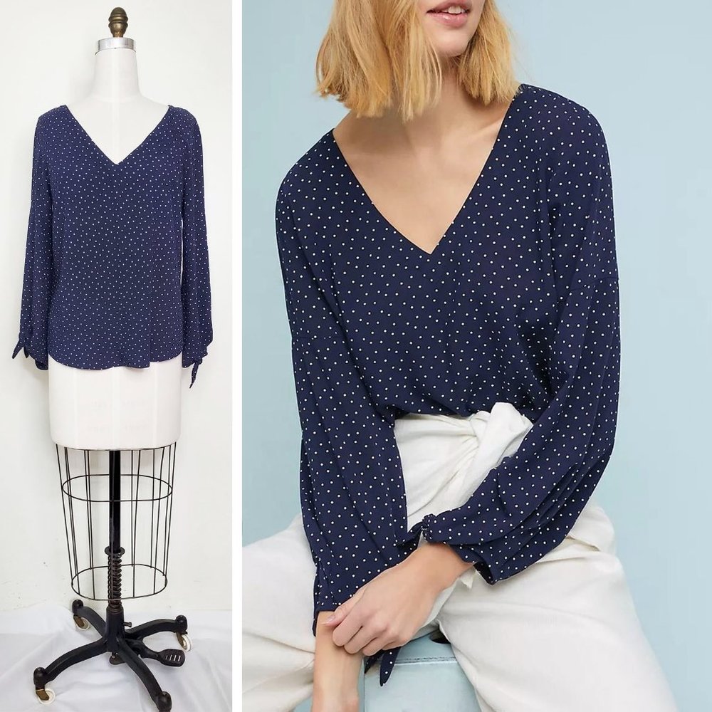 Anthropologie MAEVE Navy Polka Dot PERNILLE TIE-SLEEVE BLOUSE Billowy Top XS
